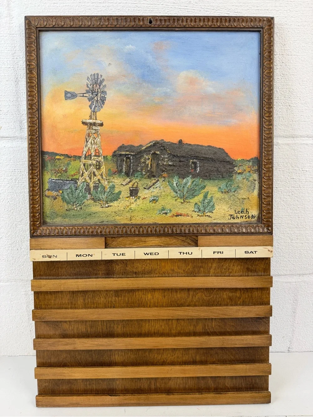 Vintage Wooden Perpetual Wall Calendar Complete Set Signed Windmill Oil Painting